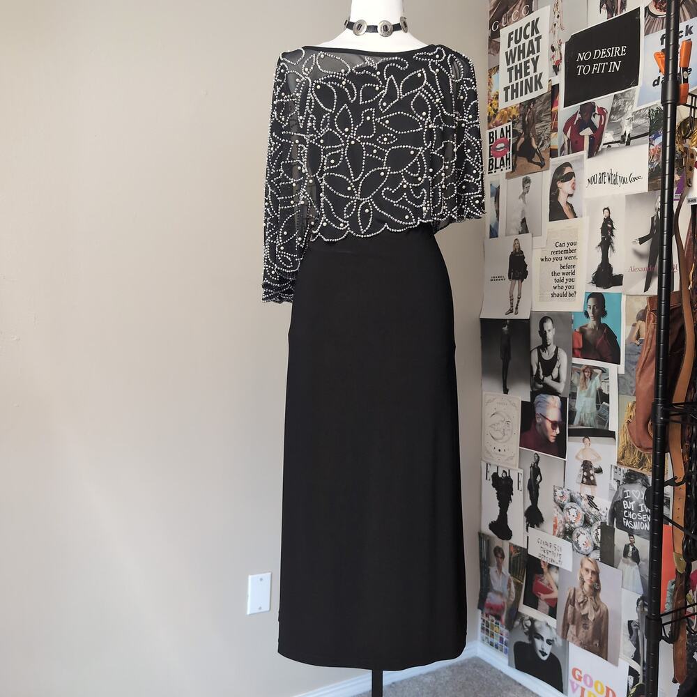 Beaded Sheer Capelet Overlay Maxi Dress